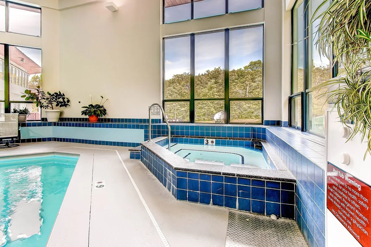 A serene indoor pool and hot tub area with large windows letting in natural light and leafy plants enhancing the tranquil atmosphere. The space is designed for relaxation and socializing after a day of adventure.
