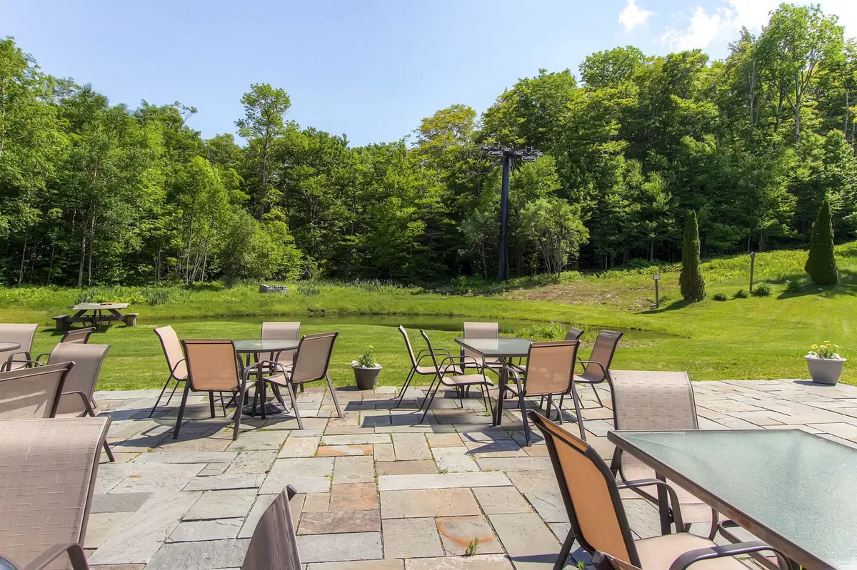 This image showcases a tranquil outdoor seating area surrounded by lush green trees and patio stones, evoking a strong sense of being immersed in nature. The setting suggests a perfect spot for relaxing, dining outside, or enjoying a cup of coffee amidst the soothing sounds of nature, which ties directly to the idea of morning walks and spending time outdoors with pets.
